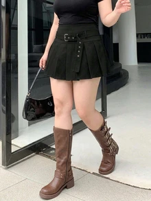 Dazy Plus Plus Size Women Solid Color Pleated Casual Versatile Mini Skirt - Black - View 2