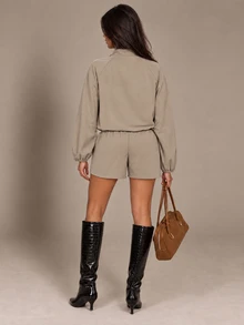 Brilight Women's Autumn & Winter Stand Collar Zip Jacket & Shorts Set, Contrast Piping & Drawstring Waist Two-Piece Outfit For Daily Outings - Khaki - View 2