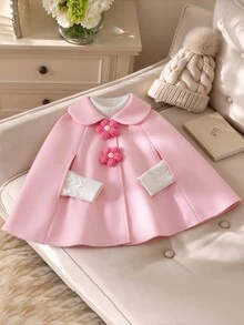 SHEIN Elladie kids 女童玫瑰紅拼接3D鉤編花朵披肩領大衣，淑女風，秋冬新款，返校季，節日穿搭 - 粉色 - 查看 3