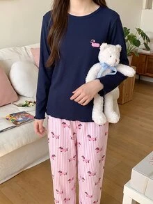 Tween Girl Blue Ribbed Cute Puppy Print Long Sleeve Top, Puppy Pink Ribbed Pants Loungewear Set, Round Neck Ribbed, 2 Pieces Set, Soft Autumn/Winter Set - Navy Blue - View 4