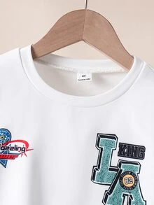 SHEIN Setelan Kasual Anak Laki-Laki: Kaos Lengan Panjang dan Celana dengan Motif Huruf - MultiWarna - View 3