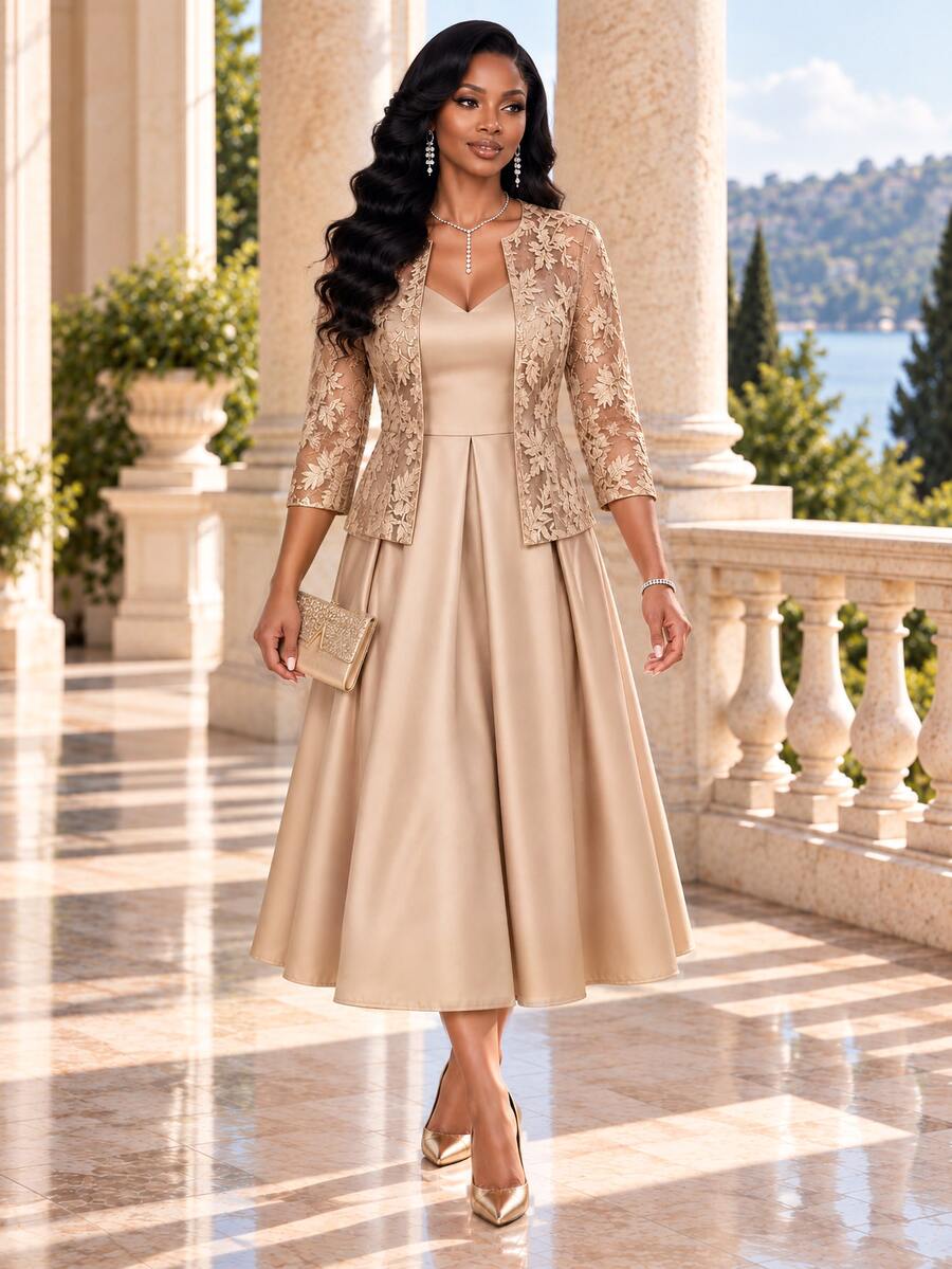 Fleurora Women's Sweet Pleated Spaghetti Strap Dress With Jacquard Cardigan 2 Pieces Set - Apricot - View 1