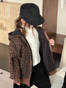 Dazy Kids Tween Girl) Leopard Print Loose Hooded Long Sleeve Autumn/Winter Basic Sweatshirt Jacket - Brown - View 3