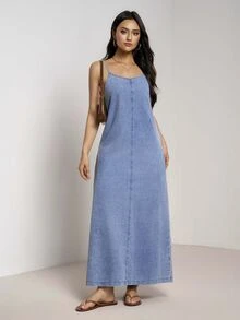 EMERY ROSE Women's Casual Loose Vacation Style Lightweight Denim Dress - Light Wash - View 4