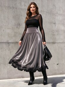 Velvienne Plus Size Velvet Solid Color Lace Trim A-Line Skirt For Women, Autumn/Winter - Dusty Purple - View 6