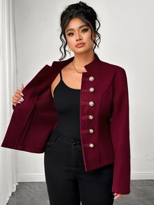 Yalmera Jaket Pendek Elegan Ukuran Plus Gaya Napoleon Kancing Ganda dengan Kerah Tegak dan Manset Kancing, Wol Warna Burgundy untuk Natal dan Tahun Baru - Burgundy - View 3