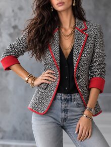LUMIGAL Vintage Leopard Animal Print Contrast Trim Commuter Fashion Versatile Elegant Women's Blazer Jacket - Multicolor - View 7
