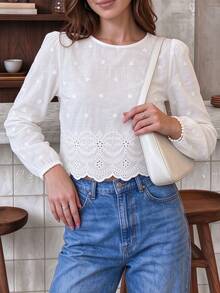 Cévolie Women's White Pure Cotton Floral Embroidered Pattern Round Neck Lantern Sleeve Short Blouse With Back Tie Design, Solid Color Minimalist Casual Versatile, Suitable For Daily Wear - White - View 4