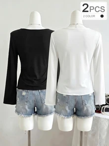 SHEIN Sweetra Young 青少年女孩 2件組秋季上衣 黑色+灰色，純色喇叭袖V領百褶娃娃領襯衫，休閒百搭 - 彩色 - 查看 2