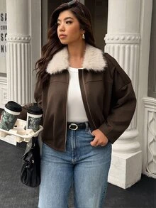 Easura Plus Size Women's Fur Collar Contrast Color Long Sleeve Zipper Casual Jacket, Autumn/Winter - Coffee Brown - View 6