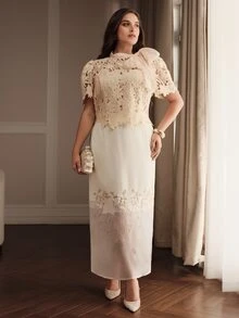 Anewsta Spring/Summer French Gentle Style Beige Hollow Lace Bowknot Versatile Plus Size Women's Blouse - Pink - View 6