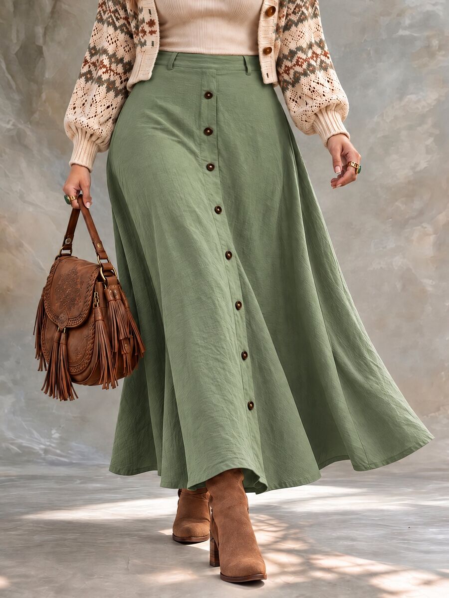 Ceyna Plus Size Women Solid Color Single-Breasted Casual Commute Skirt - Multicolor - View 1