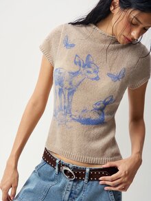 Bohemela Women's Deer Pattern Stand Collar Short Sleeve Casual Knit Top - Khaki - View 3