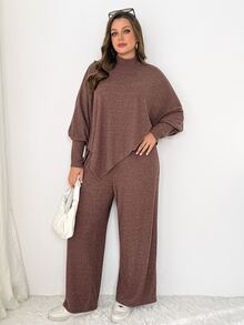 Shapeblank Women's Plus-Size Fall/Winter Two Pieces Set: Stylish, Loose, Stretchy, And Comfortable Long-Sleeve Mock-Neck Cape Top With Wide-Leg Trousers (Brown) - Brown - View 4