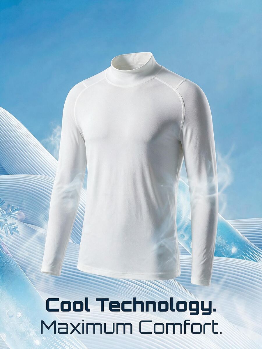 TekDrob UV Protection & 4-Way Stretch Compression Mock Neck T-Shirt With Long Sleeves And Cool Feeling - White - View 1