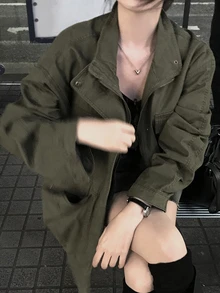 Dazy Tall Women's Large Pocket Decor Street Casual Loose Denim Jacket - Army Green - View 6