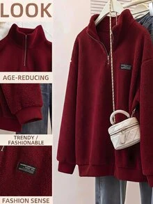 SHEIN CURVE+ 巧克力棕大尺碼女款字母印花羊羔絨衛衣，秋冬款 - 酒紅色 - 查看 8