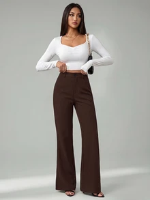 SHEIN Tall 女款純色前扣休閒修身喇叭黑色長褲 - 咖啡棕 - 查看 8