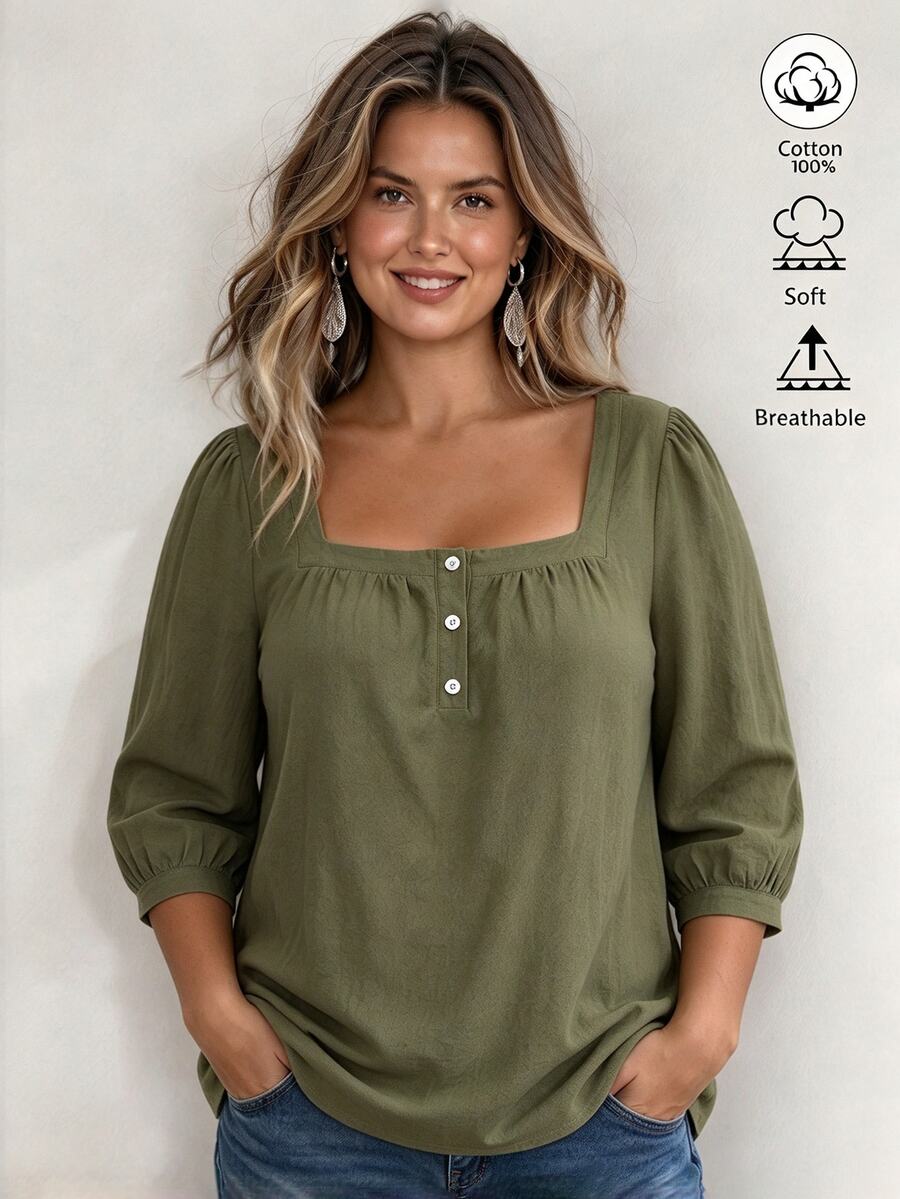 Weeklong Plus Size Square Neck 3/4 Puff Sleeve Blouse, Half Button Textured Casual Shirt - Army Green - View 1