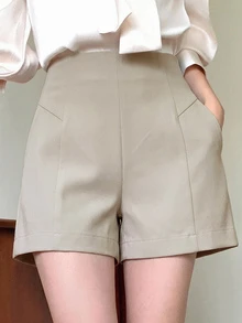 Wynsel 女款純色口袋休閒百搭日常短褲 - 米色 - 查看 3