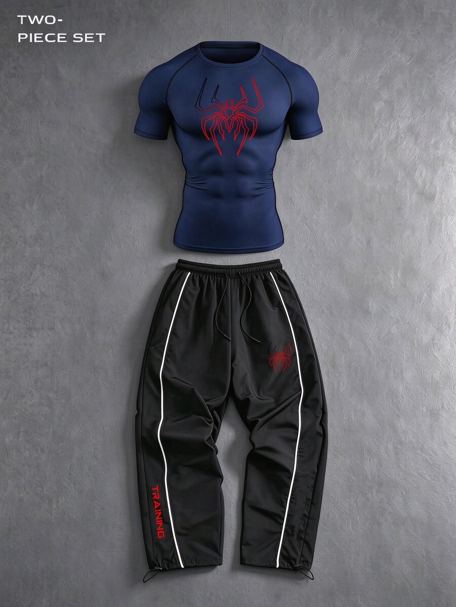 RISE LYT Men's Spider Pattern Short Sleeve Top And Pants Casual Daily Sports Set, Gym - Royal Blue - View 1