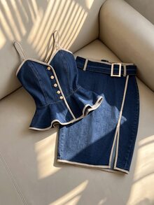 GlowEve Women's Fashion Denim Skirt With Trim And Side Slit Hem - Blue - View 6