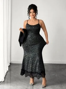 Elenzga مجموعة من قطعتين جديدة للخريف للحفلات مقاس كبير، فستان أسود بتصميم نحيف مع حمالات رفيعة وتفاصيل دانتيل مرقعة + ملابس خارجية - الأسود - مشاهدة 5