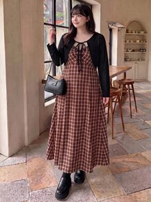 Bijouette 大尺碼女款秋季休閒復古80年代純色短版上衣與黑白格紋細肩帶洋裝2件組，約會早午餐派對秋季棕色 - 杏色 - 查看 6
