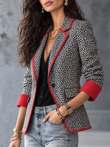 LUMIGAL Vintage Leopard Animal Print Contrast Trim Commuter Fashion Versatile Elegant Women's Blazer Jacket - Multicolor - View 6