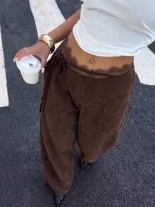 SHEIN EZwear 女款蕾絲拼接休閒日常穿著長褲 - 棕色 - 查看 4