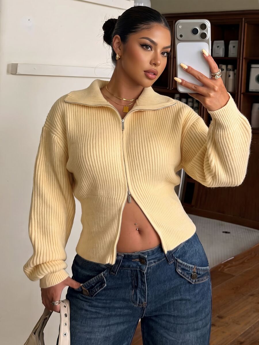 Muchica Plus Size Women's Solid Color Long Sleeve Zip-Up Knit Cardigan - Yellow - View 1