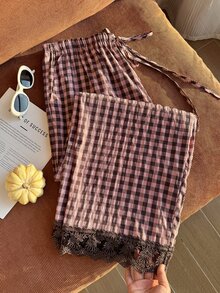 Comfortcana Plus Size Women's Spring/Summer Plaid Contrast Lace Waist Tie Long Pants - Baby Pink - View 4