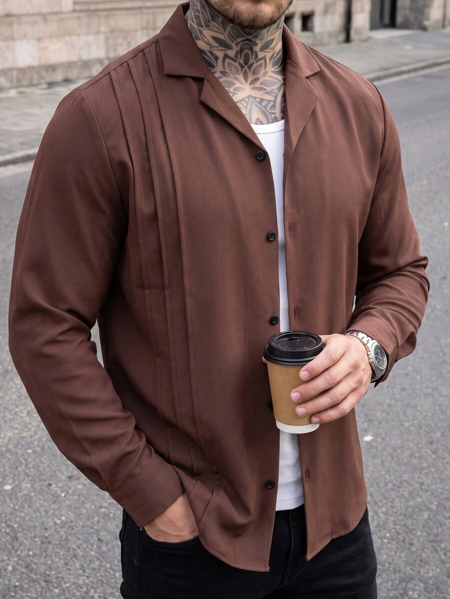 Manfinity CasualCool Men's Solid Color Casual Versatile Daily Wear Shirt - Coffee Brown - View 1