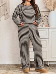 EMERY ROSE Plus Size Women's Striped Round Neck Long Sleeve Top And Pants Casual Daily 2 Pieces Set - Green - View 6