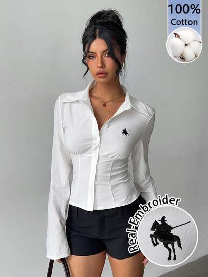 Aloruh 100% Cotton Women's Elegant Spring/Summer Commute Daily Minimalist Versatile Travel Office Solid White Short Sleeve Ruched Waist Pleated Blouse, Back To School Season Collegiate Style White Shirt, Women's Autumn Clothing, Autumn Outfit, Women's Commute Outfit, All-Match Top, Outing Outfit, Airport Outfit, Graduation Ceremony Outfit, New Year Outfit