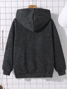 SHEIN 青少年男孩極簡街頭風字母印花拉鍊連帽衛衣，休閒舒適柔軟面料，灰色，秋冬校園開學穿搭 - 黑色 - 查看 2