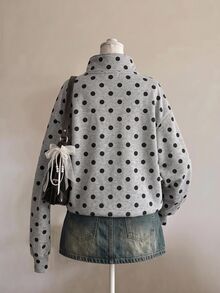 SHEIN EZwear 女款秋季新款復古圓點灰色寬鬆半拉鍊高領衛衣，厚實面料，適合秋冬，加厚款式，適用於日常通勤、約會、聚會、秋冬、夏季、派對、婚禮、海灘、畢業典禮等場合，優雅休閒，適合出遊，Y2K風格，音樂節等場合 - 淺灰色 - 查看 2
