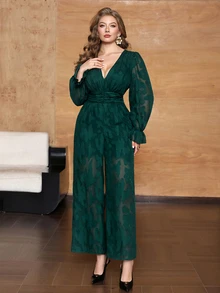 Roveilla Plus Size Women's Casual Minimalist Woven Cut-Out Textured Wide Leg Jumpsuit For Commuting, Outings And Dates - Dark Green - View 3