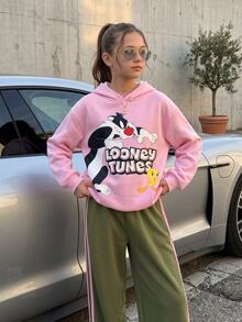 LOONEY TUNES X SHEIN Tween Girl Pink Versatile Cartoon Pattern Sweatshirt - Pink - View 2