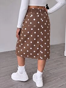 SHEIN 少女女孩棕色波點牛仔中長裙 - 高腰 A 字休閒牛仔裙 - 咖啡棕 - 查看 2