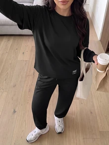 Solavon Women's Letter Print 2 In 1 Long Sleeve T-Shirt And Pants Sports Set - Black - View 9