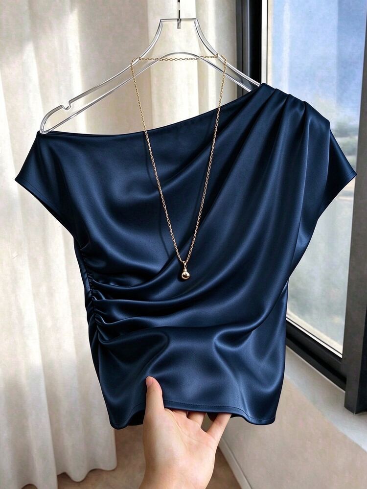 Selianne Women's White Summer Elegant Brunch Smooth Fabric Oblique Off Shoulder Ruched Design Blouse,Birthday Gift,Date,Party,Valentine's Day,Cocktail Party - Navy Blue - View 5