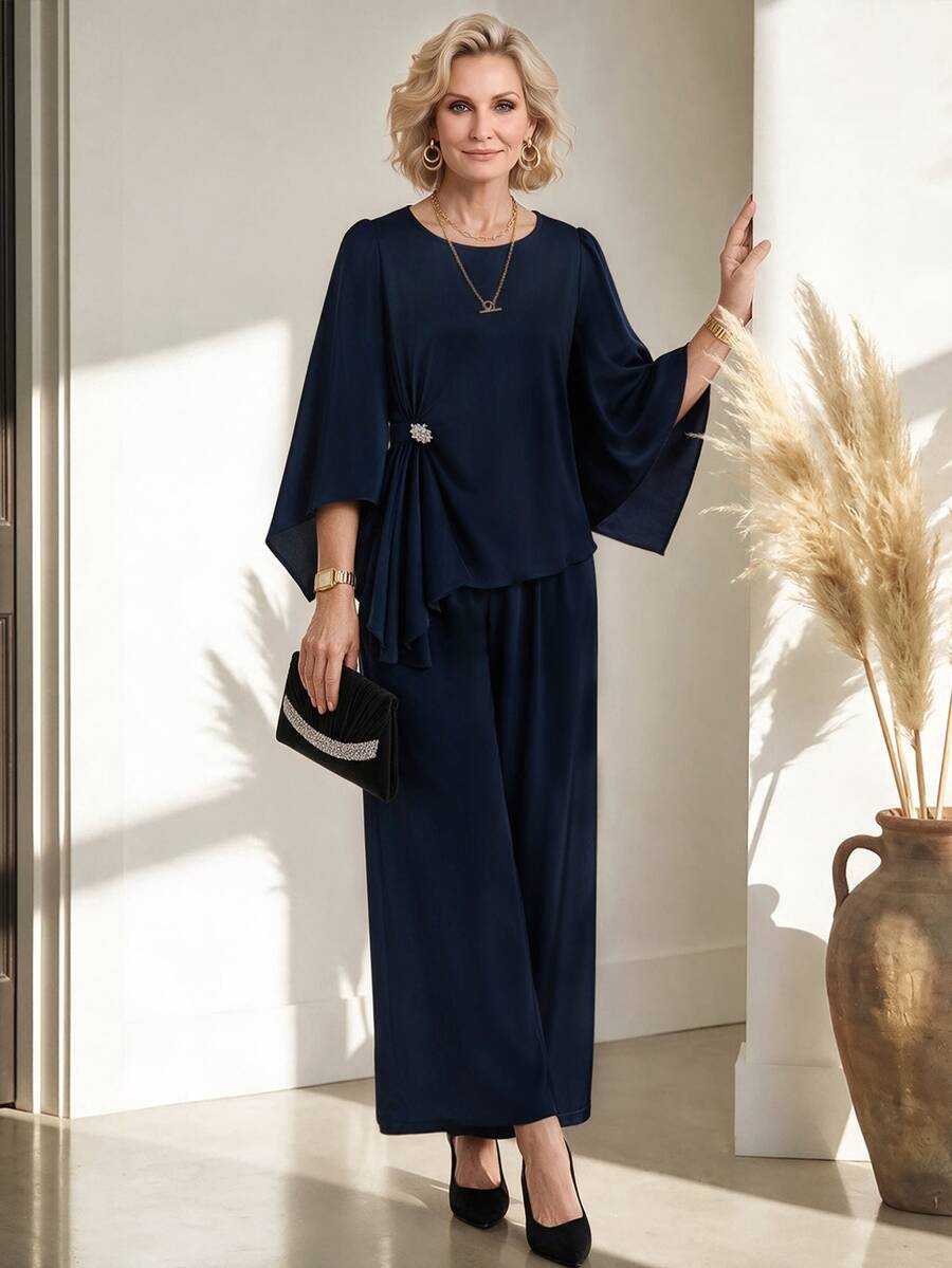 Miaspire Elegan dan Dewasa, Setelan Dua Potong Berkilau dengan Rumbai Asimetris, Bahan Chiffon Biru Tua, Celana Panjang Lebar Model Batwing, Cocok untuk Pesta Malam, Pernikahan, Natal, Musim Gugur, dan Musim Dingin. - Biru - View 1