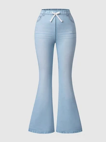 Girls Printed Flare Leg Long Pants, Elastic Gathered Ruched Waist, Light Blue Pocket & Stitch Print, Soft Lightweight Casual Trousers For Tween - Baby Blue - View 3