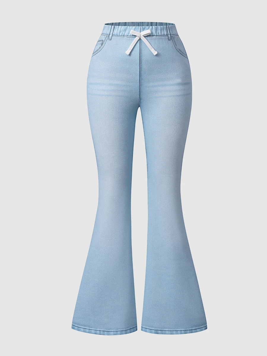 Girls Printed Flare Leg Long Pants, Elastic Gathered Ruched Waist, Light Blue Pocket & Stitch Print, Soft Lightweight Casual Trousers For Tween - Baby Blue - View 1