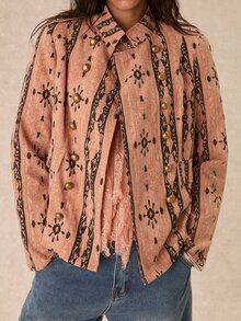 Easelle Vintage Bohemian Jacquard Embroidered Design Loose Women's Jacket - Pink - View 1