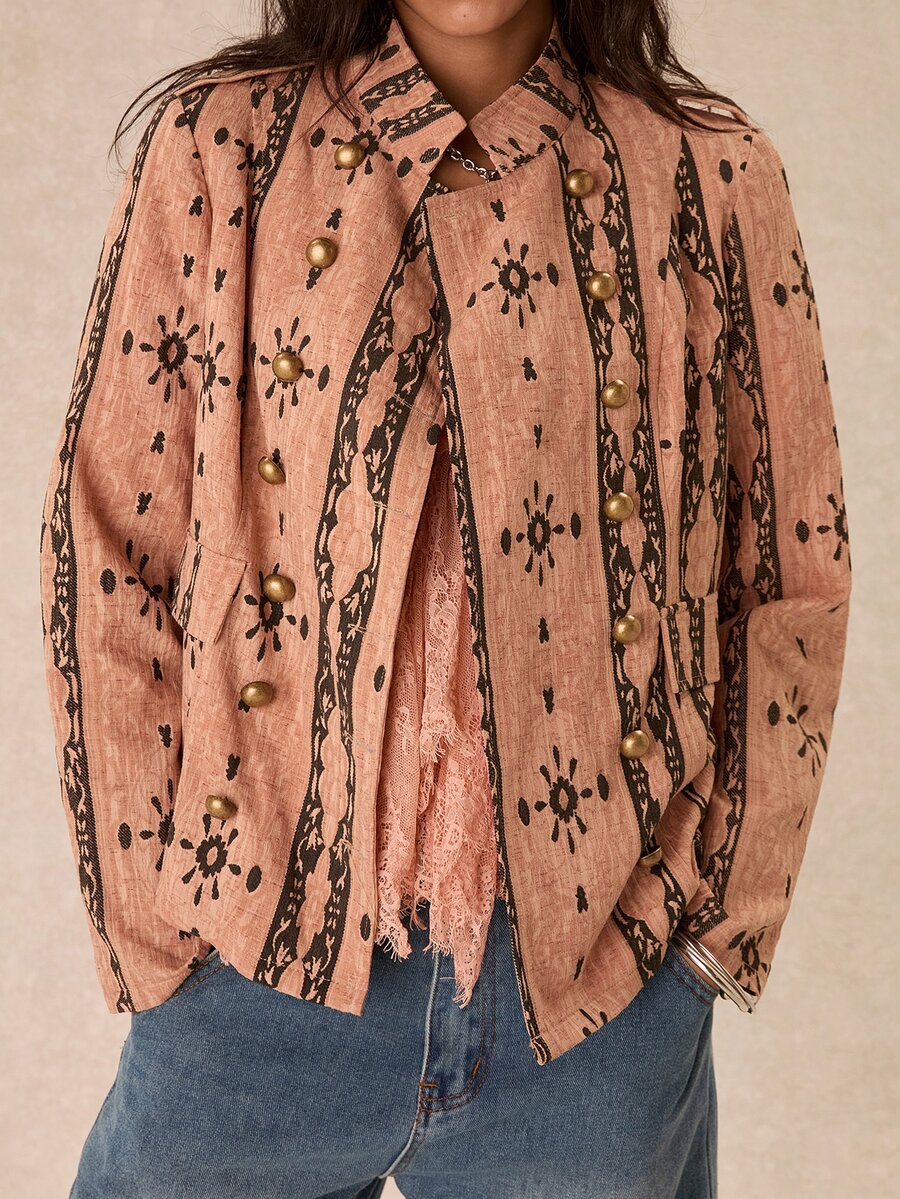 Easelle Vintage Bohemian Jacquard Embroidered Design Loose Women's Jacket - Pink - View 1