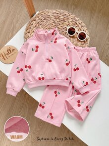 Cozy Pixies Babygirl Autumn/Winter Fleece Personalized Fashion Cherry Pattern Print Zip-Up Hoodie And Pants 2 Pieces Set, Suitable For Outings And Other Occasions - Multicolor - View 7
