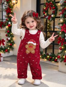 SHEIN 1件女幼兒可愛甜美紅白色薑餅人蝴蝶結長袖圓領常規版燈芯絨連身衣套裝，冬季生日女童款 - 紅色 - 查看 1