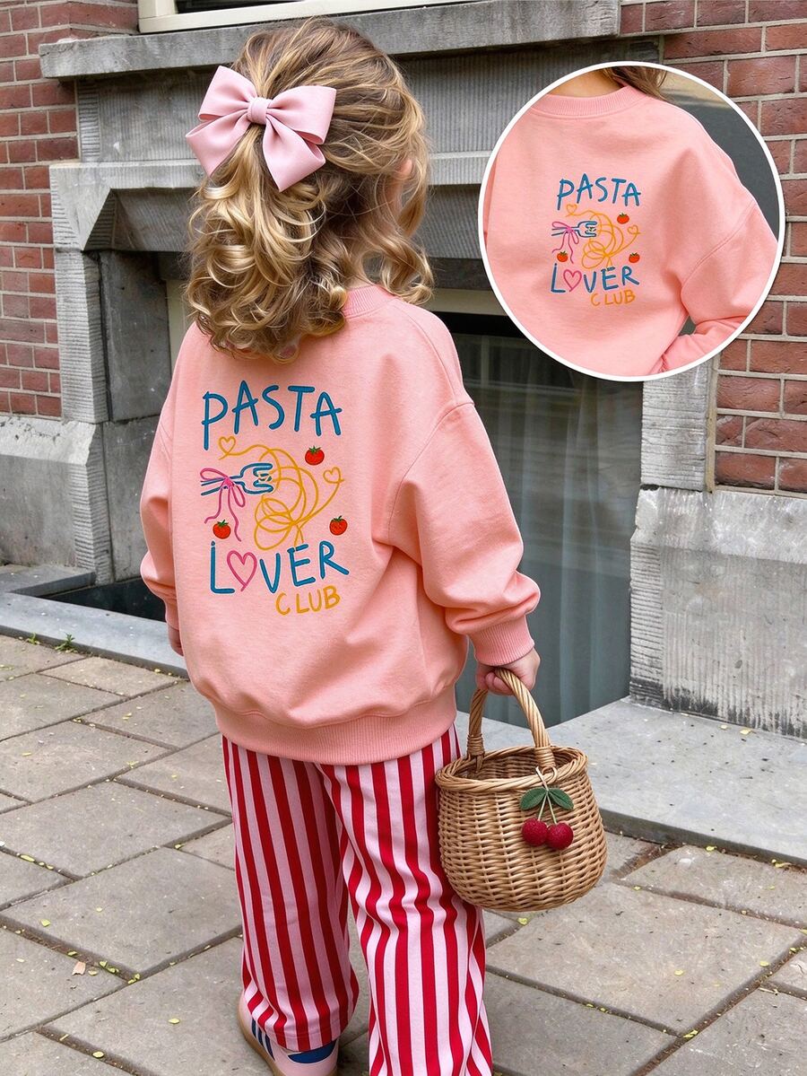 SHEIN 2件組幼女運動衫長褲套裝,可愛甜美學院風,粉紅紅色義大利麵圖案條紋,長袖圓領,合身版型,派對秋季寬鬆款 - 粉色 - 查看 1